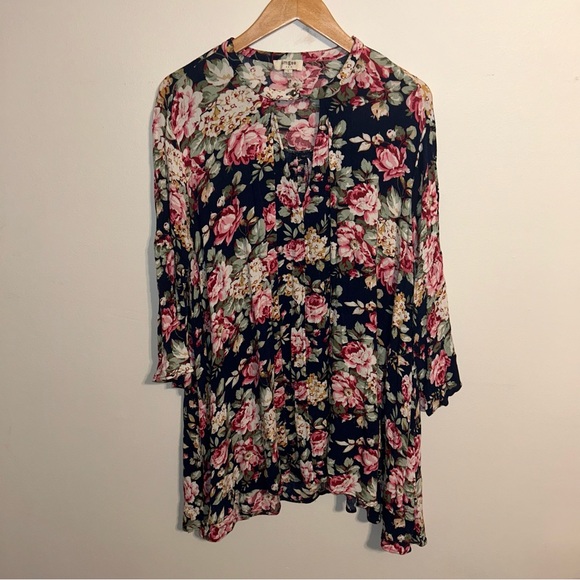 Umgee Navy Floral Trapeze Swing Cut Bell Sleeve Dress / Tunic Size L Large - Picture 5 of 14